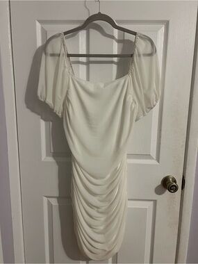 White Puff-Sleeve Ruched Mini Dress
